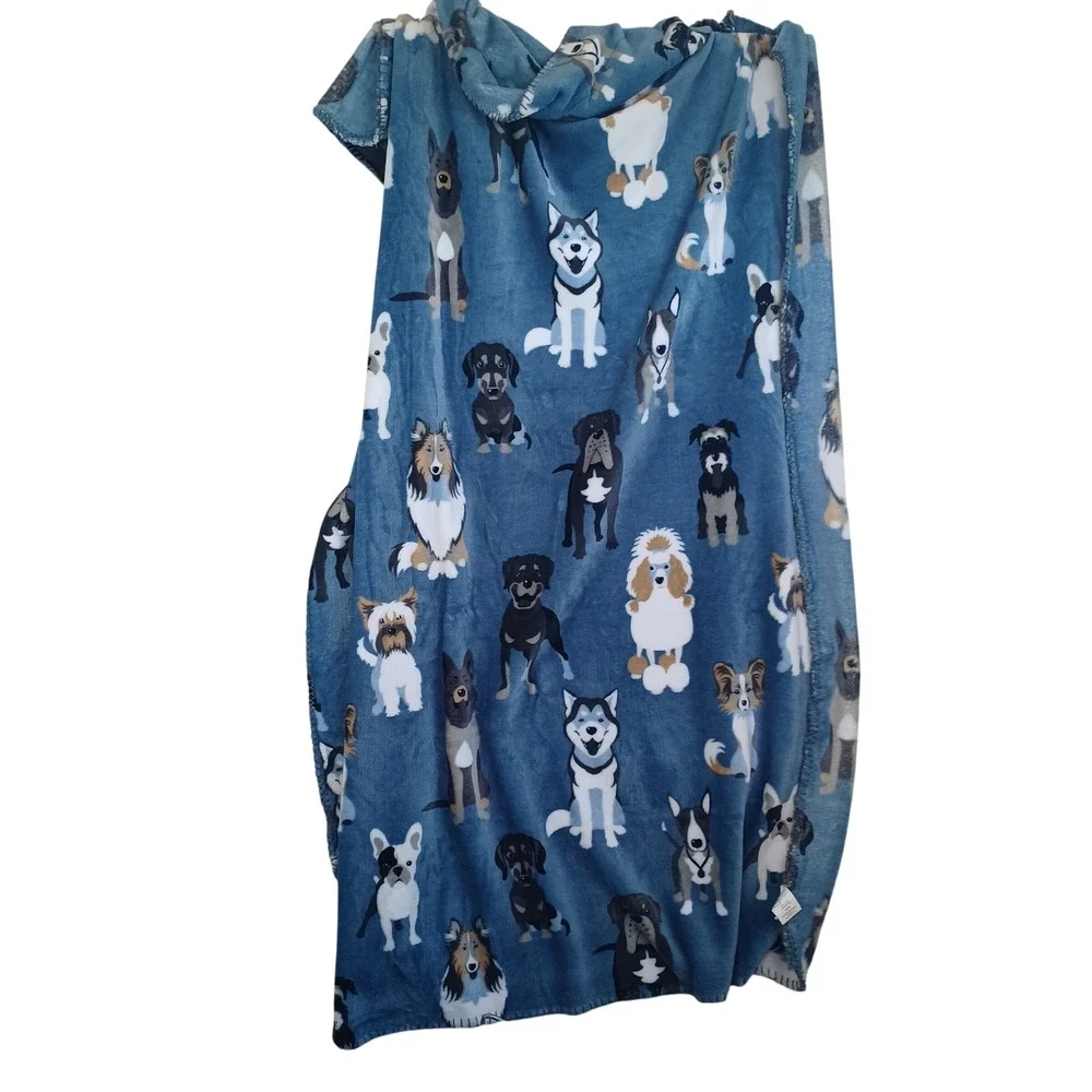 Mainstays Dog Breed Print Plush Fleece Throw Blanket Blue 50x60 Husky Poodle